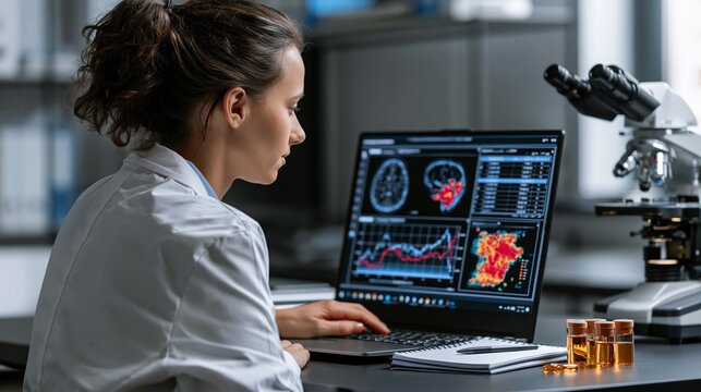 A focused female scientist studies a laptop screen filled with line graphs, adverse-event tables, and brain scan heatmaps beside a lab notebook, microscope, and amber pill capsules. The clinical setup