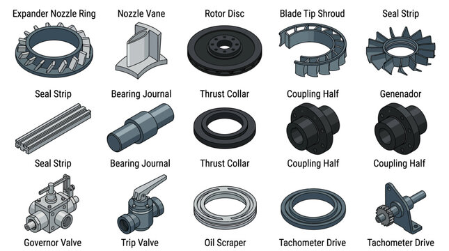 Isometric Industrial Machine Parts and Turbine Components Icon Set with Nozzle Ring, Rotor Disc, Valves, and Coupling Halves for Engineering Diagrams and Presentation Materials
