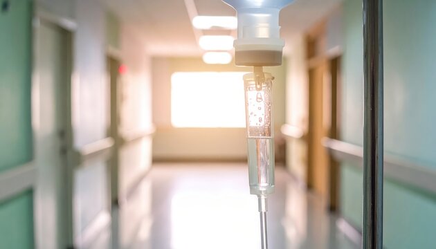 Intravenous drip bag with saline solution hangs in a bright hospital corridor