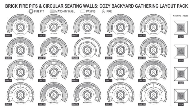 Brick fire pits and circular seating walls layout pack isolated on transparent background vector design for outdoor living space planning.