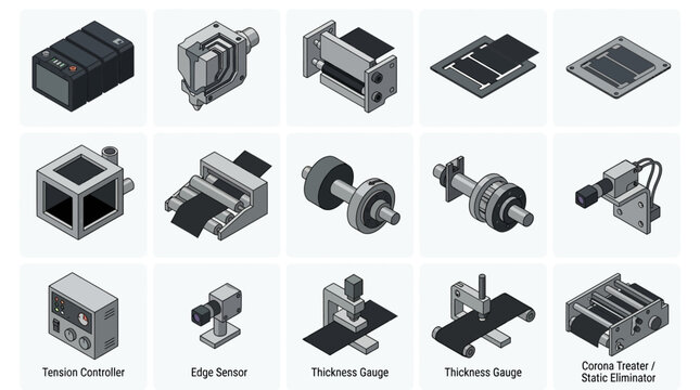 Isometric Industrial Manufacturing Icon Set with Tension Controller Edge Sensor Thickness Gauge and Corona Treater for Web Handling Machinery Diagrams and Technical Infographics