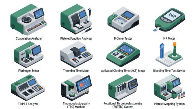 Isometric medical laboratory equipment icon set for blood coagulation and platelet function testing, vector illustration of clinical hemostasis devices for healthcare presentation templates