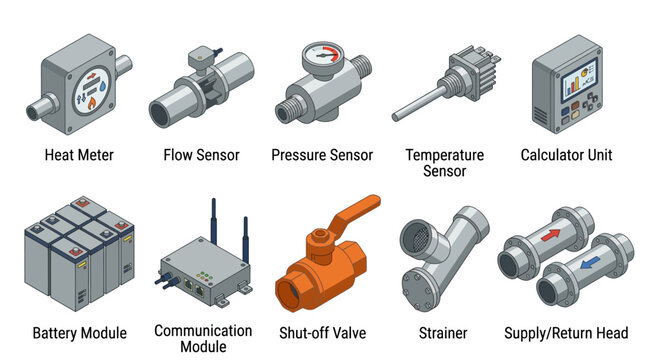 Isometric Heating and Plumbing System Component Icon Set, Vector Illustration of HVAC Sensors, Valves, Meters, and Industrial Engineering Equipment for Technical Diagrams