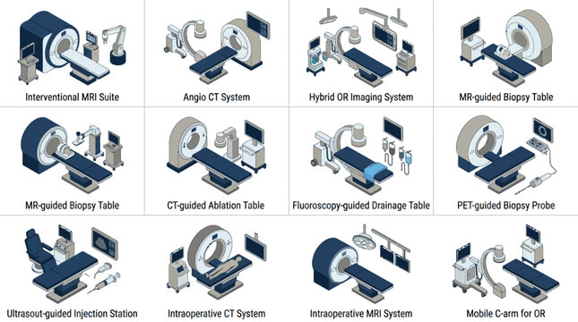 Isometric Medical Imaging Equipment Icon Set with MRI CT Scanners C-Arm and Surgical Biopsy Tables for Healthcare Infographics and Presentation Slides