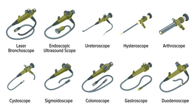 Isometric Medical Endoscope Icon Set Vector Illustration of Colonoscope Gastroscope Bronchoscope and Ureteroscope for Healthcare Infographics and Educational Materials