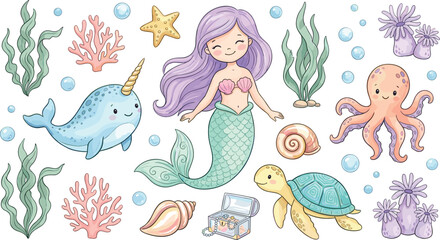 Cute Mermaid and Sea Animals Vector Clip Art Set Featuring Narwhal, Sea Turtle, Octopus, Starfish, Seaweed, Coral Reef, and Underwater Treasure Elements © SARIFA