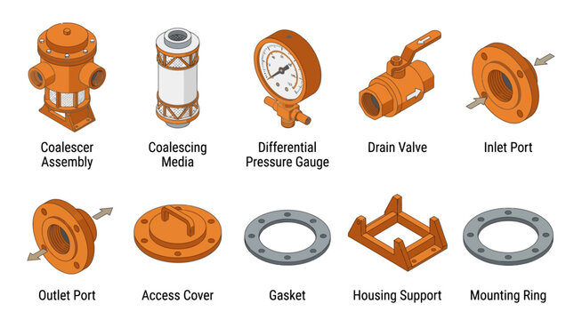 Isometric Industrial Coalescer Component Icon Set with Orange Mechanical Parts Including Valve, Pressure Gauge, Flange, Gasket and Filter Media for Technical Diagrams and Engineering Manuals
