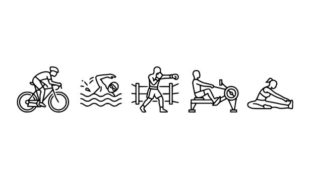Triathlon icons set cycling swimming boxing rowing running