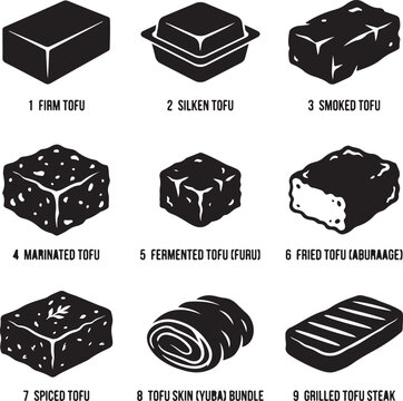 Tofu varieties icon set, 9 black and white vector illustrations of soy products, firm and silken tofu blocks, fermented and fried bean curd labels