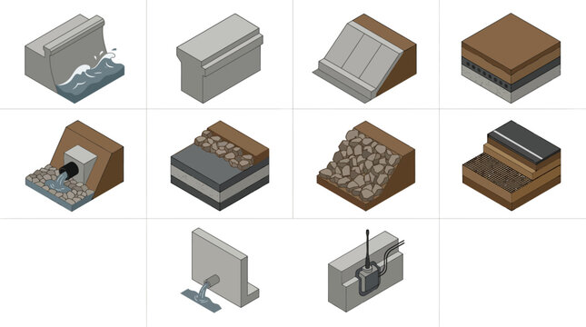 Isometric Civil Engineering and Infrastructure Icon Set featuring Coastal Defenses Road Construction Layers Retaining Walls Drainage Systems and Soil Cross Sections for Infographics
