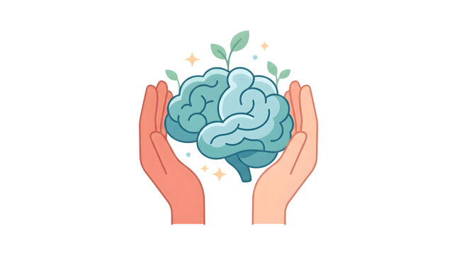 World mental health day hands protecting a brain with growing leaves isolated on transparent background