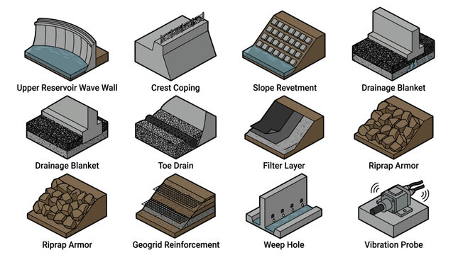 Isometric Civil Engineering and Dam Infrastructure Icon Set with Wave Wall, Riprap, Drainage Blanket, and Geogrid Diagrams for Construction Education and Presentation Materials