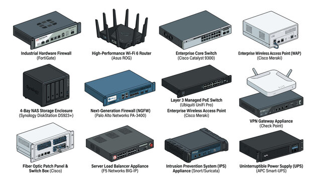 Network and server hardware isometric vector illustration, technology schematic diagram for data center setup, firewall appliance router switch.