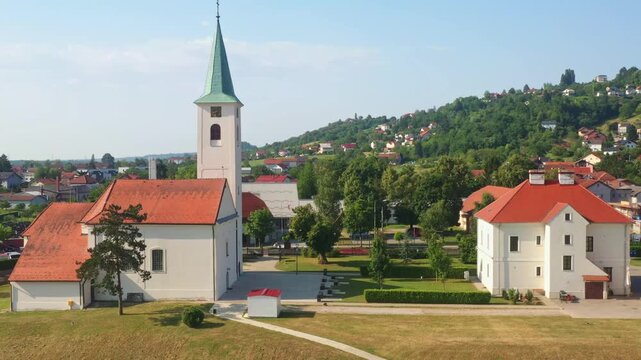 Aerial view of church of Holy Trinity in Sveta Nedelja, Samobor region, Croatia 