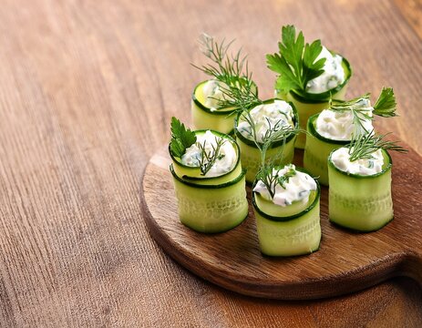 cucumber rolls with cream cheese and herbs on wooden serving board