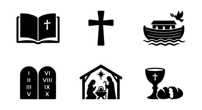 Christianity Icons Set: Bible, Cross, Noah's Ark, Ten Commandments, Nativity, Communion
