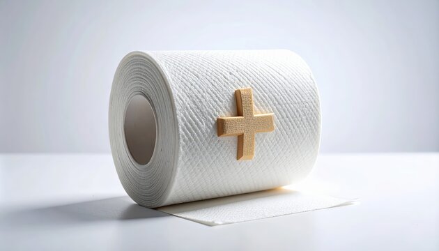 Medical bandage roll with wooden cross emblem