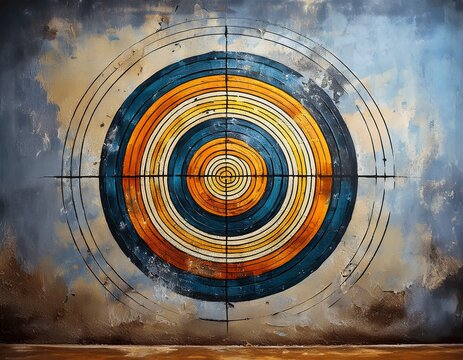 distressed concentric circle target painted on weathered concrete wall