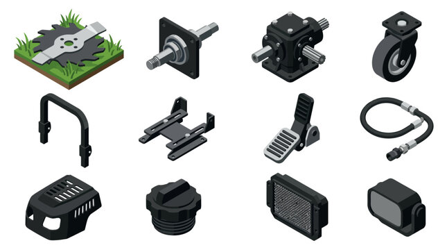 Isometric Lawn Mower and Garden Machinery Spare Parts Icon Set, Vector Illustration of Industrial Equipment Components, Mechanical Hardware Accessories Isolated on White