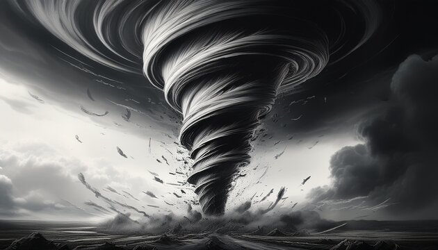 powerful black and white tornado vortex with flying debris chaotic storm cyclone destructive wind funnel dramatic natural disaster concept atmospheric whirlwind energy