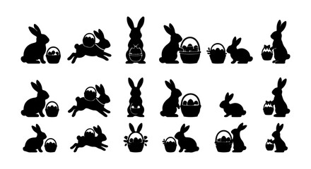Obraz premium Easter Bunny Silhouettes, Festive Rabbit Icons with Baskets, Spring Holiday Vector Graphics Collection