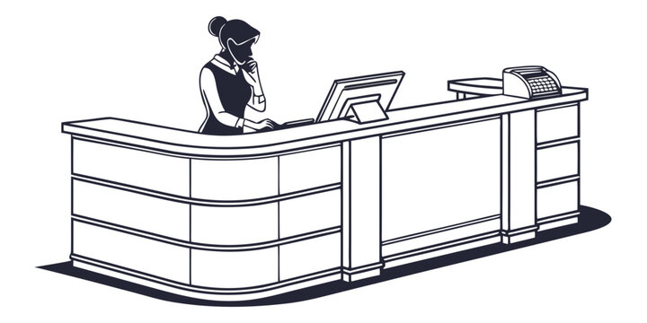 Graphic illustration of a female receptionist working at a professional office front desk with computer and receipt printer check in receptionist