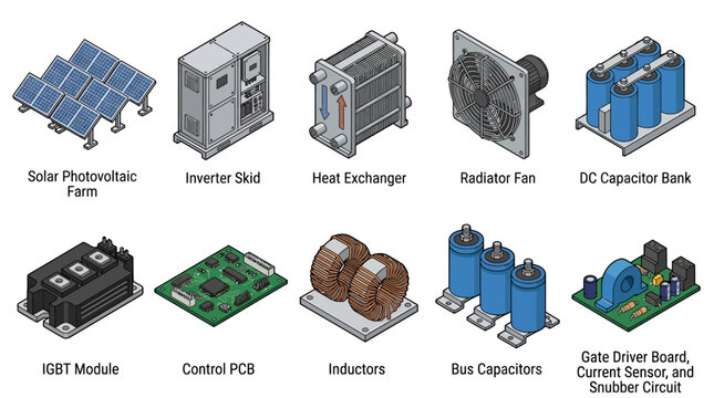 Isometric Solar Energy and Electrical Component Icon Set with Solar Panels Inverter Heat Exchanger Capacitor Bank IGBT Module and PCB for Engineering Infographics and Presentations