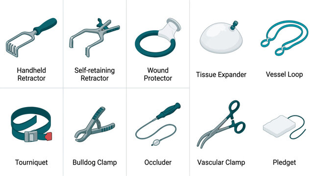 Isometric Surgical Instruments Icon Set Vector Illustration of Medical Tools including Retractor, Clamp, Tourniquet, and Tissue Expander for Healthcare and Education Design