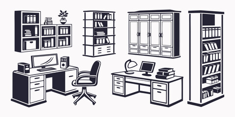 Set of hand drawn office furniture and workstations with bookcases and desks furniture bookcase workstation bookshelf interior workspace © Sp
