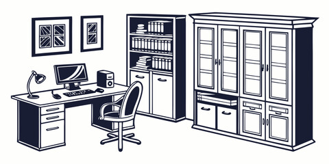 Illustration of modern office room with computer desk and storage furniture workspace furniture bookcase bookshelf interior computer business © Sp