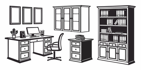 Hand drawn office layout with desk drawers plant and large bookcase workspace furniture bookcase bookshelf interior computer business cabinets © Sp