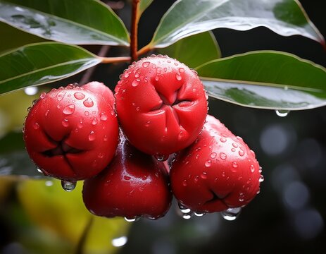 lush cluster of glistening wax jambu fruits after refreshing tropical rain