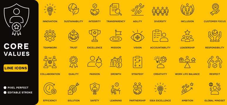 Core values and business ethics web line icons set with editable stroke including innovation, sustainability, integrity, agility, teamwork, transparency, mission. Professional vector illustration