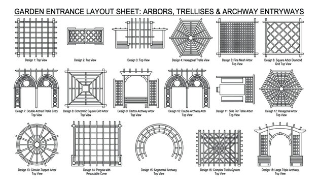 Garden entrance layouts with arbors trellises and archway designs top view vector illustration architectural elements for landscaping transparent.