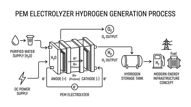 Diagram of a PEM Electrolyzer Hydrogen Generation Process.
