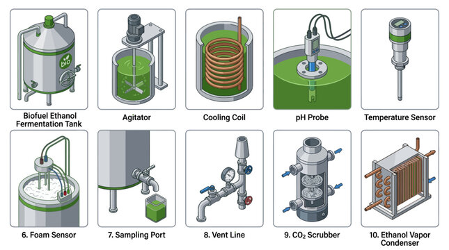 Isometric Biofuel Ethanol Fermentation Equipment Icon Set, Vector Illustration of Industrial Distillery Processing Components, Tank, Agitator, Sensors, and Condenser for Green Energy Infographics