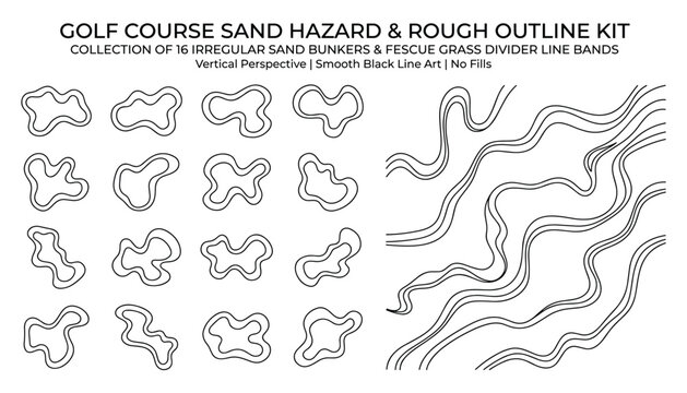 Golf course sand hazard and rough outline kit transparent vector collection of irregular bunkers and grass divider lines.