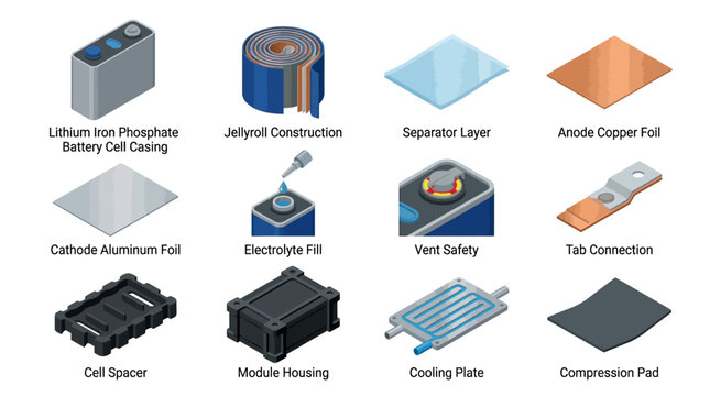 Isometric Lithium Iron Phosphate Battery Components Icon Set LFP Cell Construction and Manufacturing Parts Vector Illustration for EV Technology Diagrams and Presentations