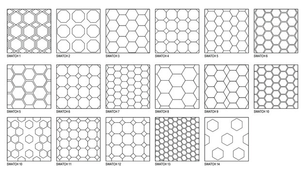 Hexagonal and geometric seamless swatches vector patterns abstract shapes architectural lines for flooring and backgrounds.
