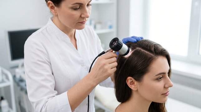 A female dermatologist examines a patient�s scalp using a dermatoscope, focusing on hair health in a clinical setting.