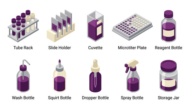 Isometric Laboratory Glassware and Equipment Vector Icon Set in Purple, Featuring Tube Rack, Reagent Bottle, Dropper, and Cuvette for Science Education and Presentation Materials