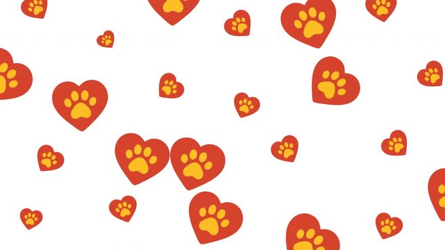 Multiple red hearts yellow animal paw prints alpha channel pattern cute decoration.