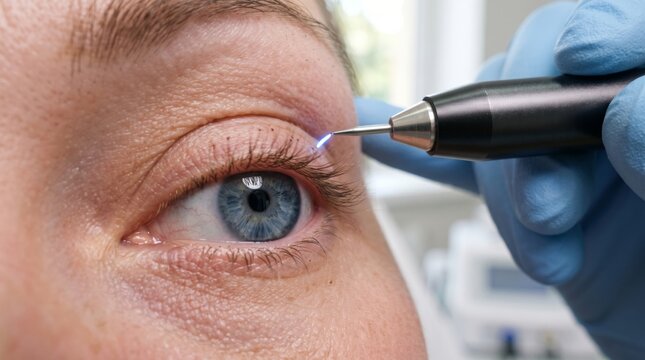 Close-up of a woman with blue eyes undergoing a cosmetic procedure with precision equipment.