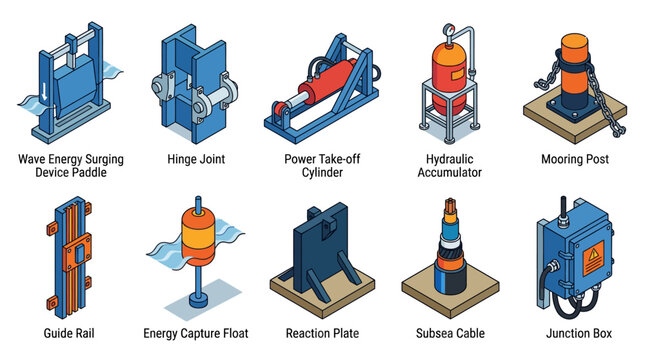 Isometric Wave Energy Converter Component Icons Set, Renewable Green Marine Technology and Ocean Power Generator Infrastructure Vector Illustration for Presentation Materials