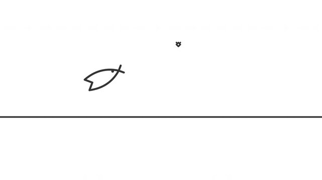 Minimalist line art animation of a fish jumping out of water to catch a fly on white background