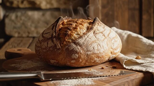 Rustic steaming loaf of fresh sourdough bread on.