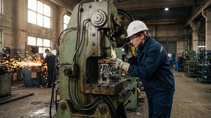 Fototapeta premium A focused young Caucasian male engineer operating heavy machinery in a well-lit industrial workshop.