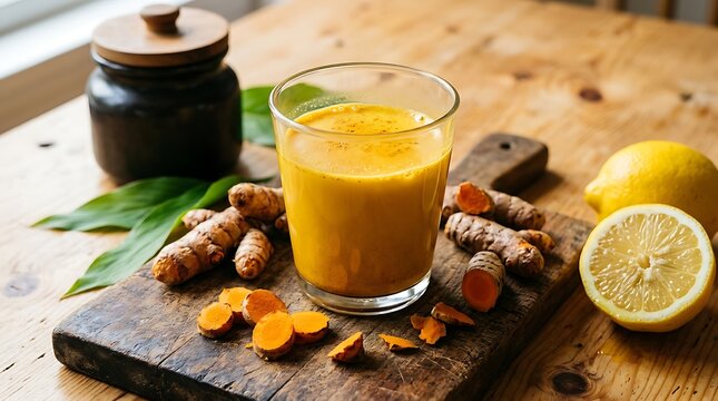 Healthy golden milk turmeric latte with fresh turmeric roots and lemon on a rustic wooden table.