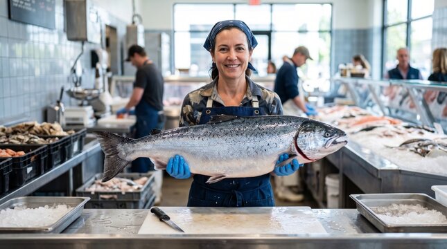 A smiling Hispanic woman proudly holds a fresh salmon in a vibrant fish market, surrounded by various seafood.