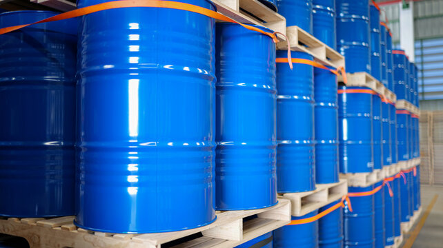 Chemical drums with 200-liter capacity are stacked systematically on wooden pallet shelving in a warehouse, emphasizing logistics planning and safe chemical storage.